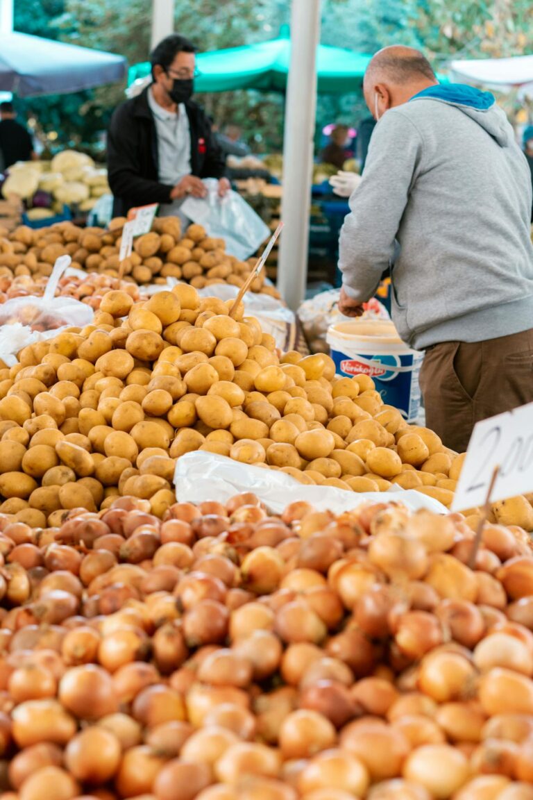 A vibrant market scene featuring fresh potatoes and onions with two male vendors.